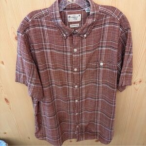 Weatherproof Vintage Mens Linen Cotton SS   Sz L Burnt Orange Button Up See Desc